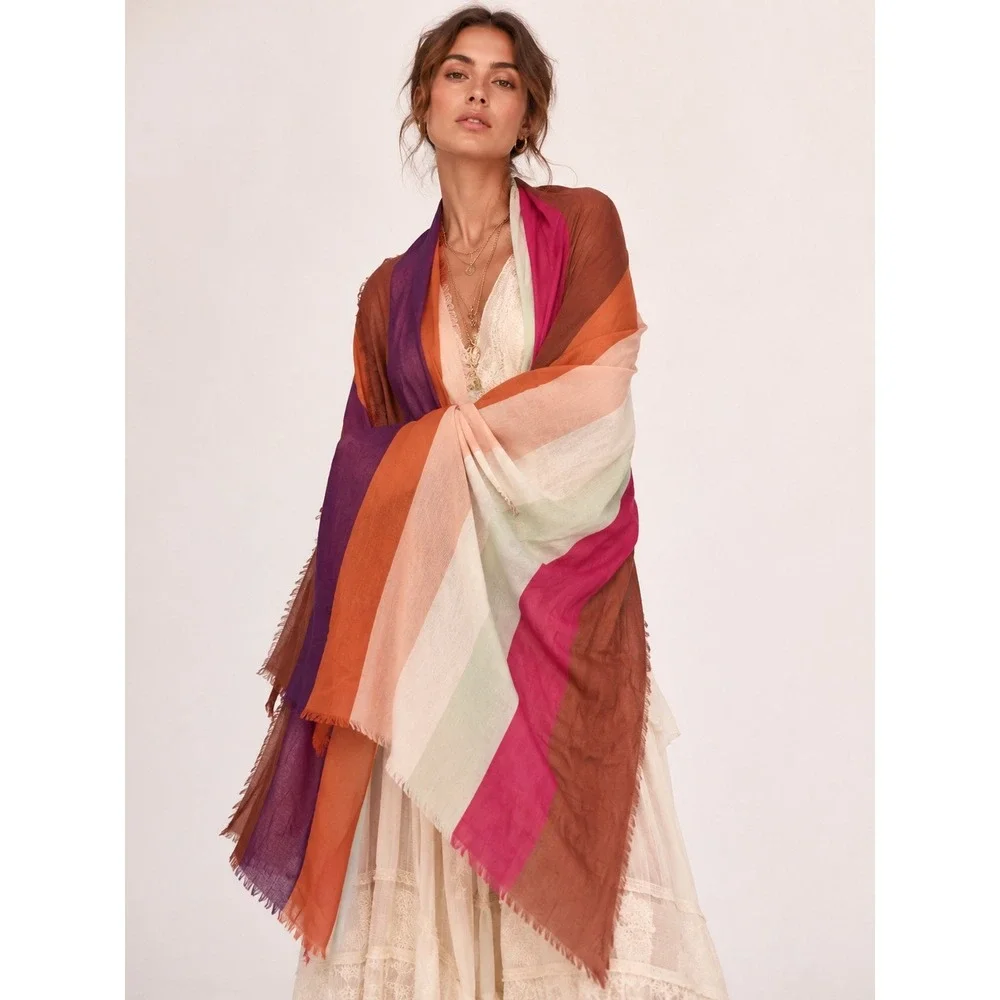 Multicolor‎ Stripe Fringe Blanket Scarf Shawl Wrap Boho Terracotta Magenta OS